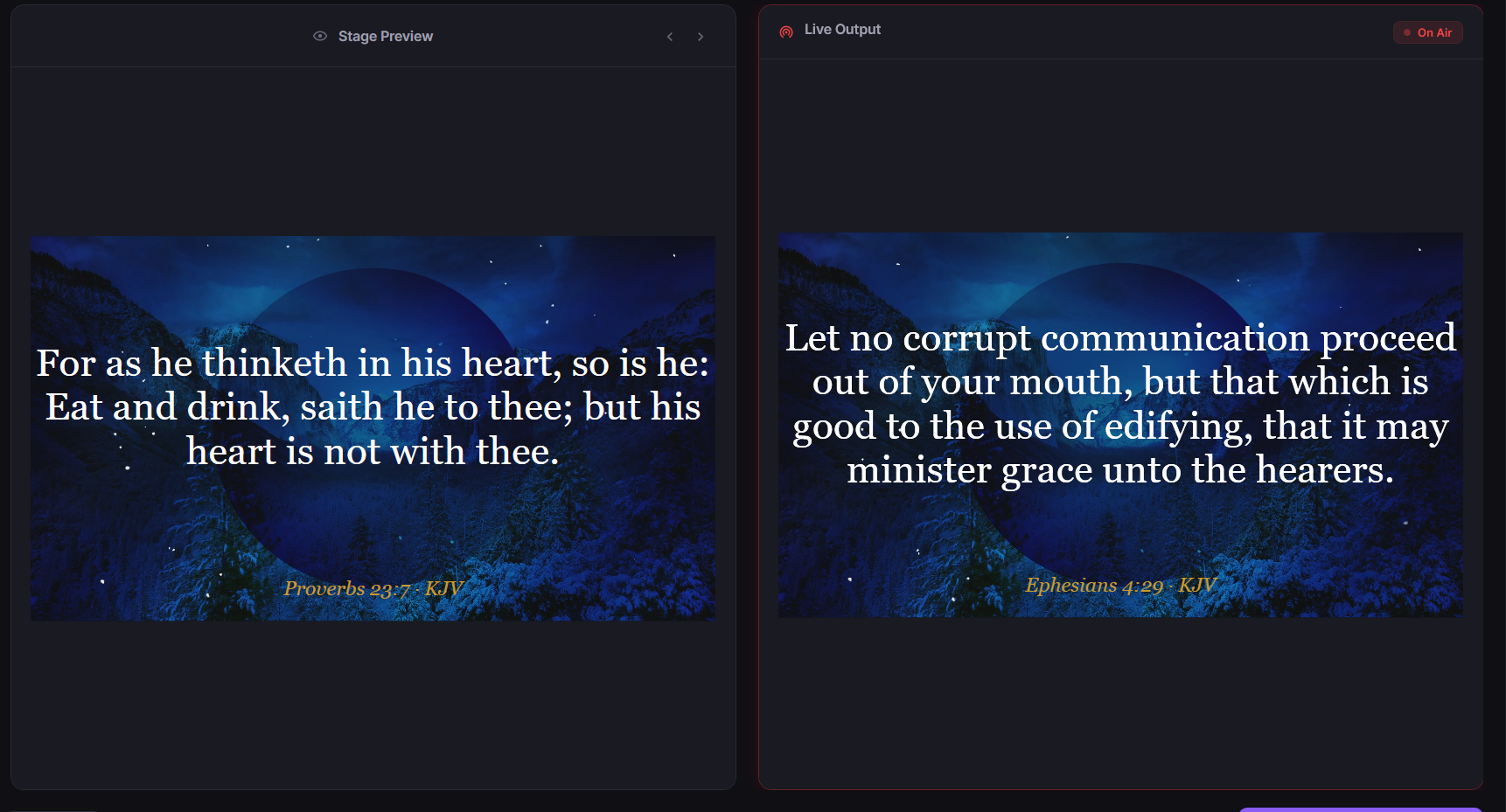 Stage Preview and Live Output showing a verse over a starry mountain scene