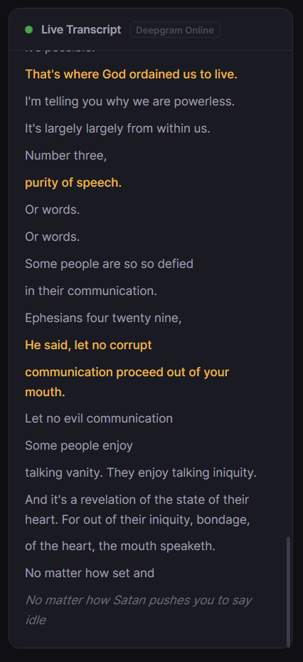 Live transcript with detected verses highlighted inline